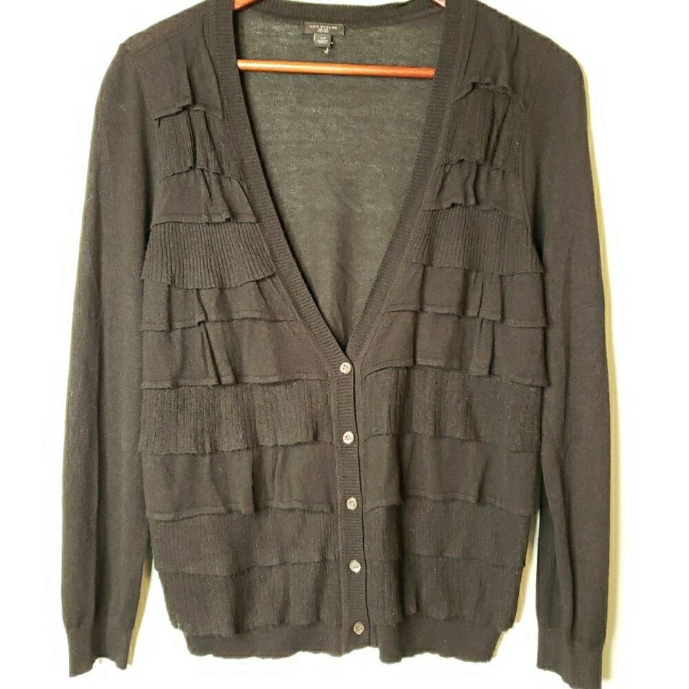 Anne Taylor Womens Black Ruffle Cardigan Sweater Sz LARGE PETITE Feminine Dressy